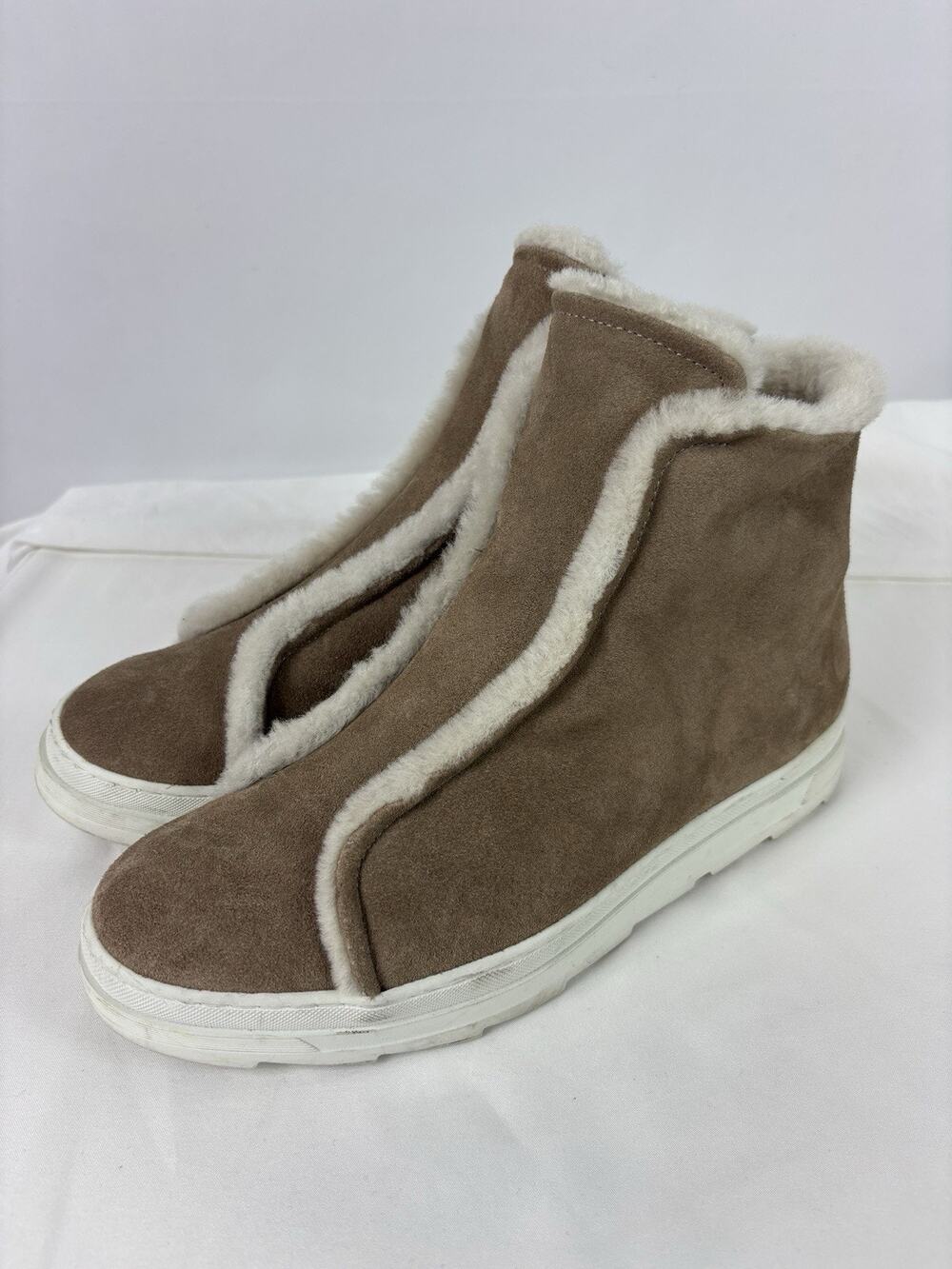 Joyks Suede Booties Sneakers Tan Taupe Faux Fur Accent Lining 39 Zip Ankle